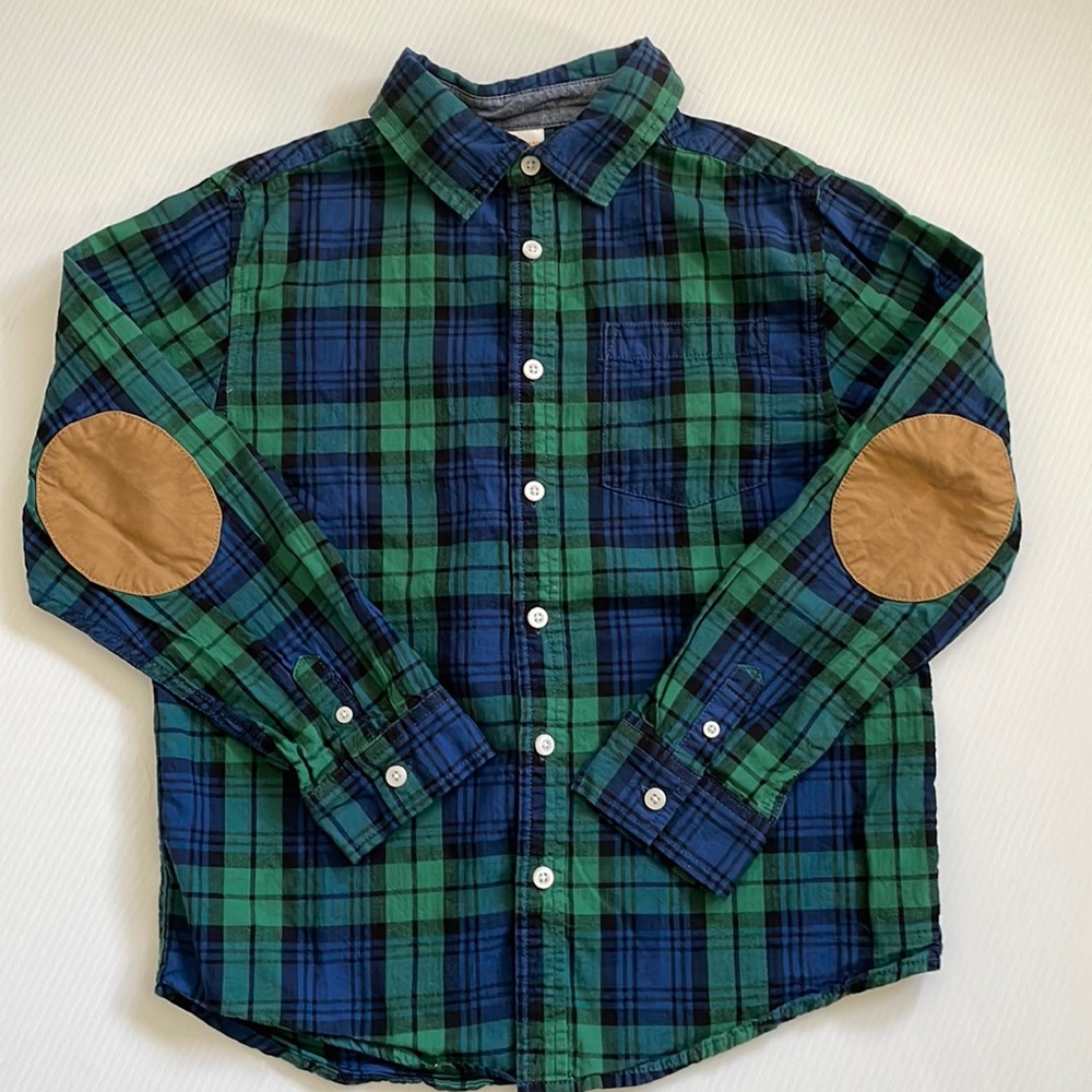 Gymboree long sleeve blue, black & green plaid button down shirt.  Boys size L